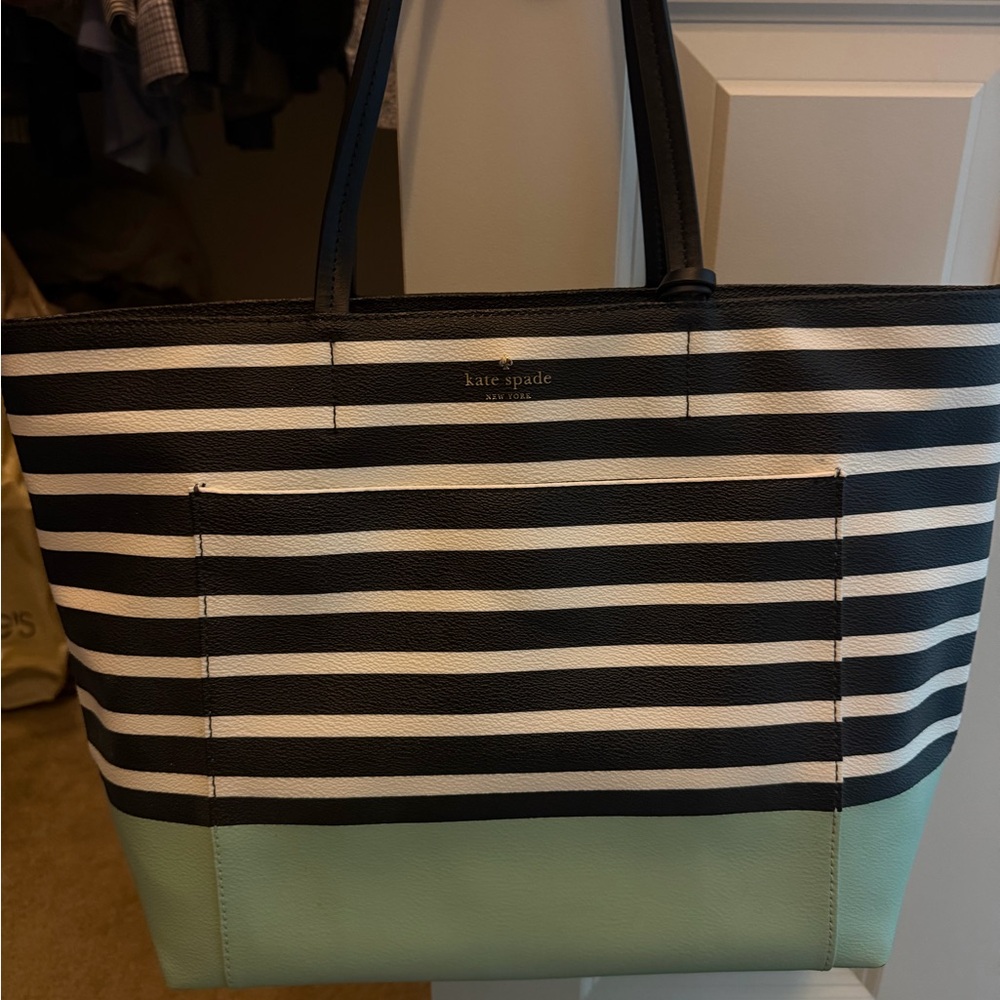 Kate Spade Black and White Striped Tote with Mint Base
